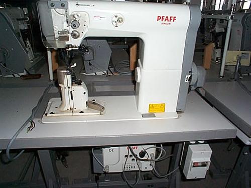 PFAFF Kl. 471-755/01-725/04-900/51 Einnadelsäule mit Schiebradtransport, Nadeltransport und angetriebenen Rollfuss extra angetriebene Futterbeschneidung von unten, Fadenabschneidung, komplett auf Gestell mit Elektronik-Stopmotor